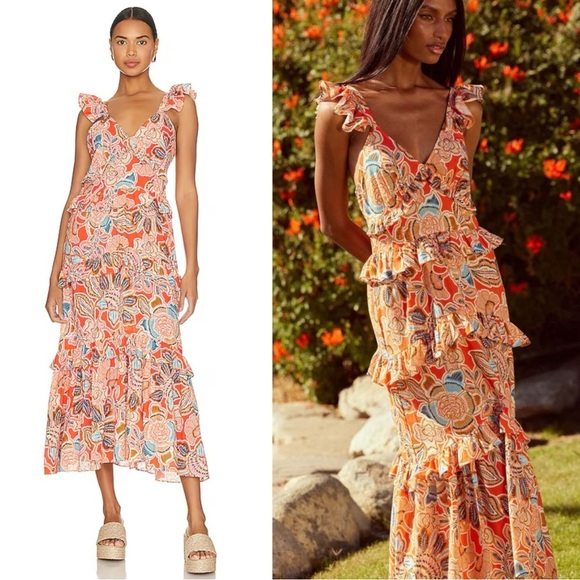 Revolve Misa Morrison Maxi Dress in Tangerine Flora Size Medium NWT Ruffles - Picture 1 of 15